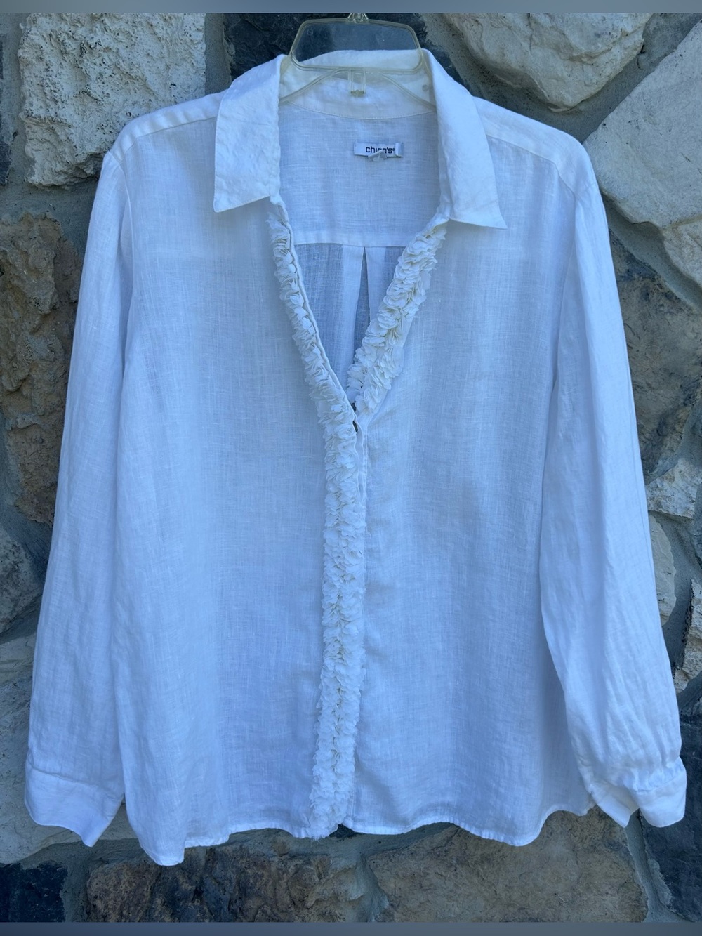 Chico's 100% Linen Button Up Shirt Size 3 (XL) Elevated Basic Chiffon Detail